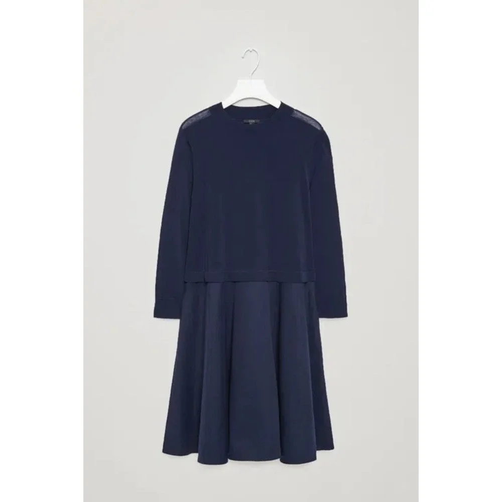 COS Long Sleeve Knitted Sweater Dress With Woven Skirt A-Line Minimalist Small - Picture 1 of 12